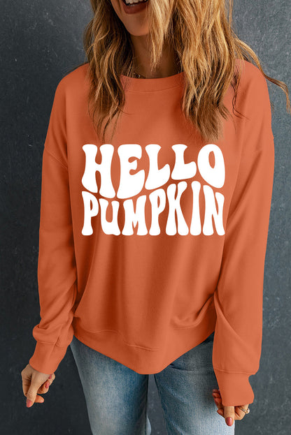 Orange Hello Pumpkin Graphic Drop Shoulder Halloween Sweatshirt