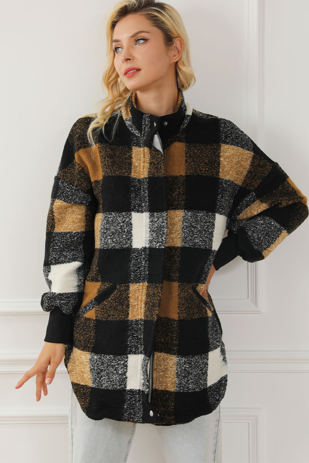 Black Zipper Side Pockets Plaid Overcoat