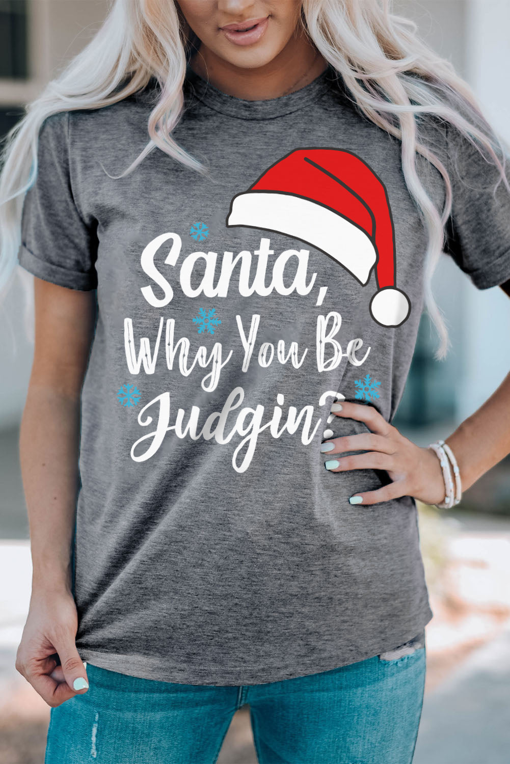 Gray Christmas Santa Hat Snowflake Slogan T-Shirts