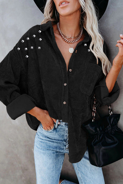 Black Beads Stud Corduroy Button up Shacket