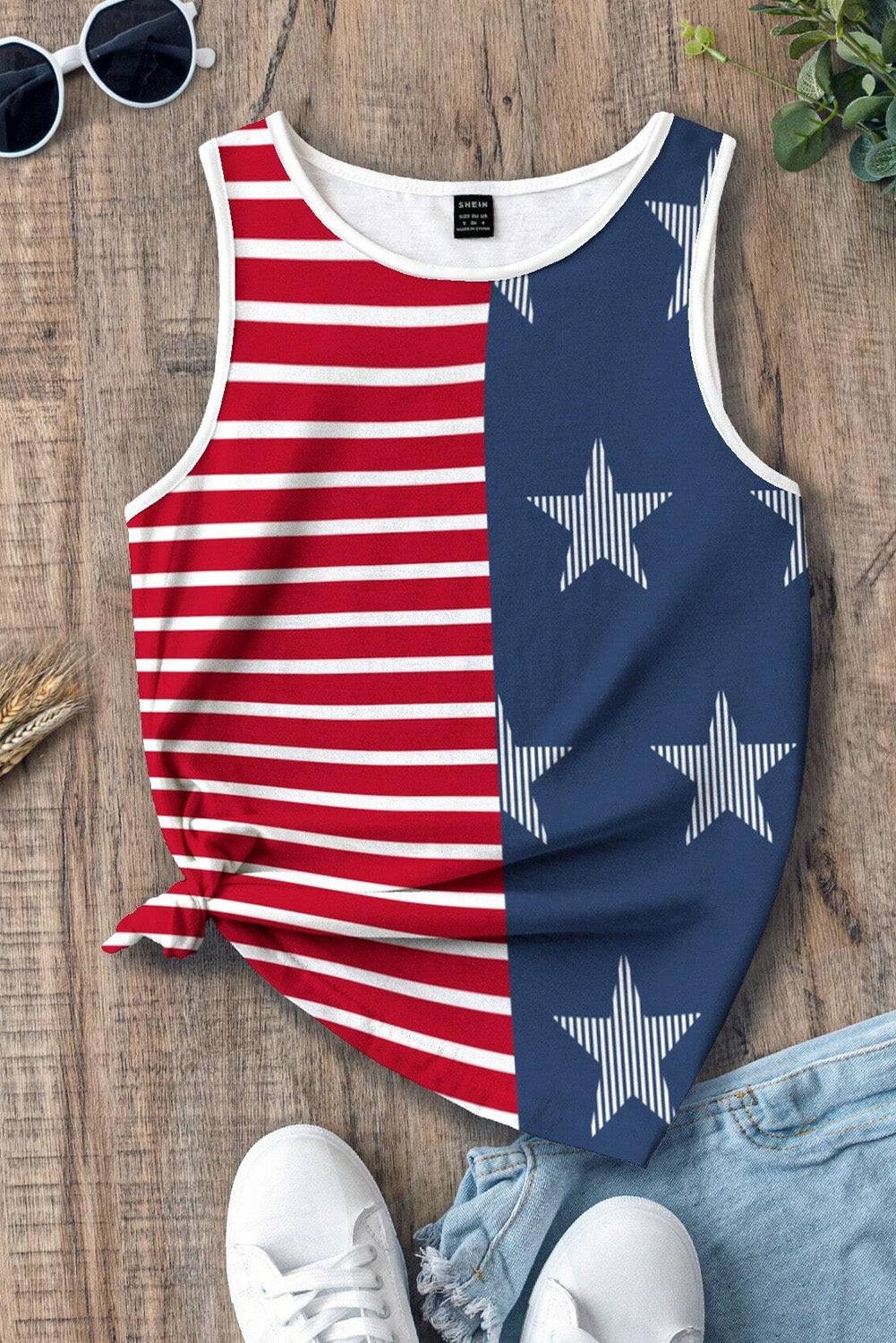 Red USA Flag Printed Round Neck Tank Top