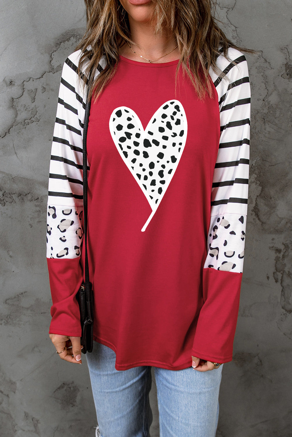 Fiery Red Valentines Leopard Heart Print Color Block Long Sleeve Top