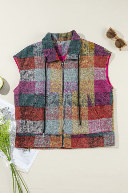 Multicolor Plaid Print Side Pockets Zipped Loose Vest