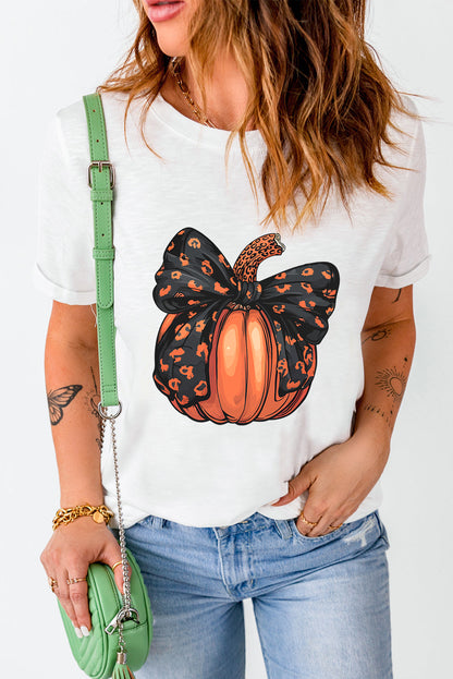 White Halloween Bowknot Pumpkin Graphic Crewneck T Shirt