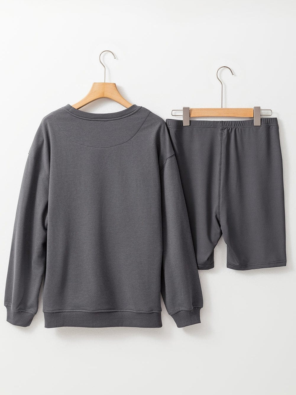 Dark Grey Casual Two Piece Set with Long Sleeve Sweatshirt and High Waist Shorts