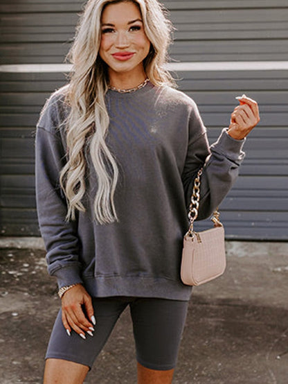 Dark Grey Casual Two Piece Set with Long Sleeve Sweatshirt and High Waist Shorts