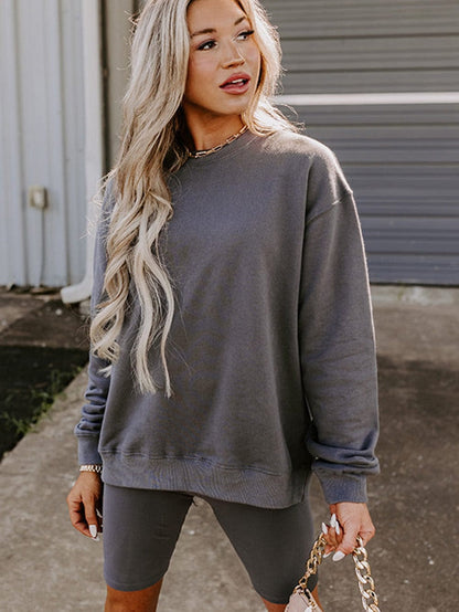 Dark Grey Casual Two Piece Set with Long Sleeve Sweatshirt and High Waist Shorts