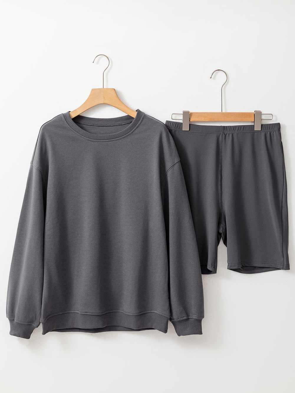 Dark Grey Casual Two Piece Set with Long Sleeve Sweatshirt and High Waist Shorts