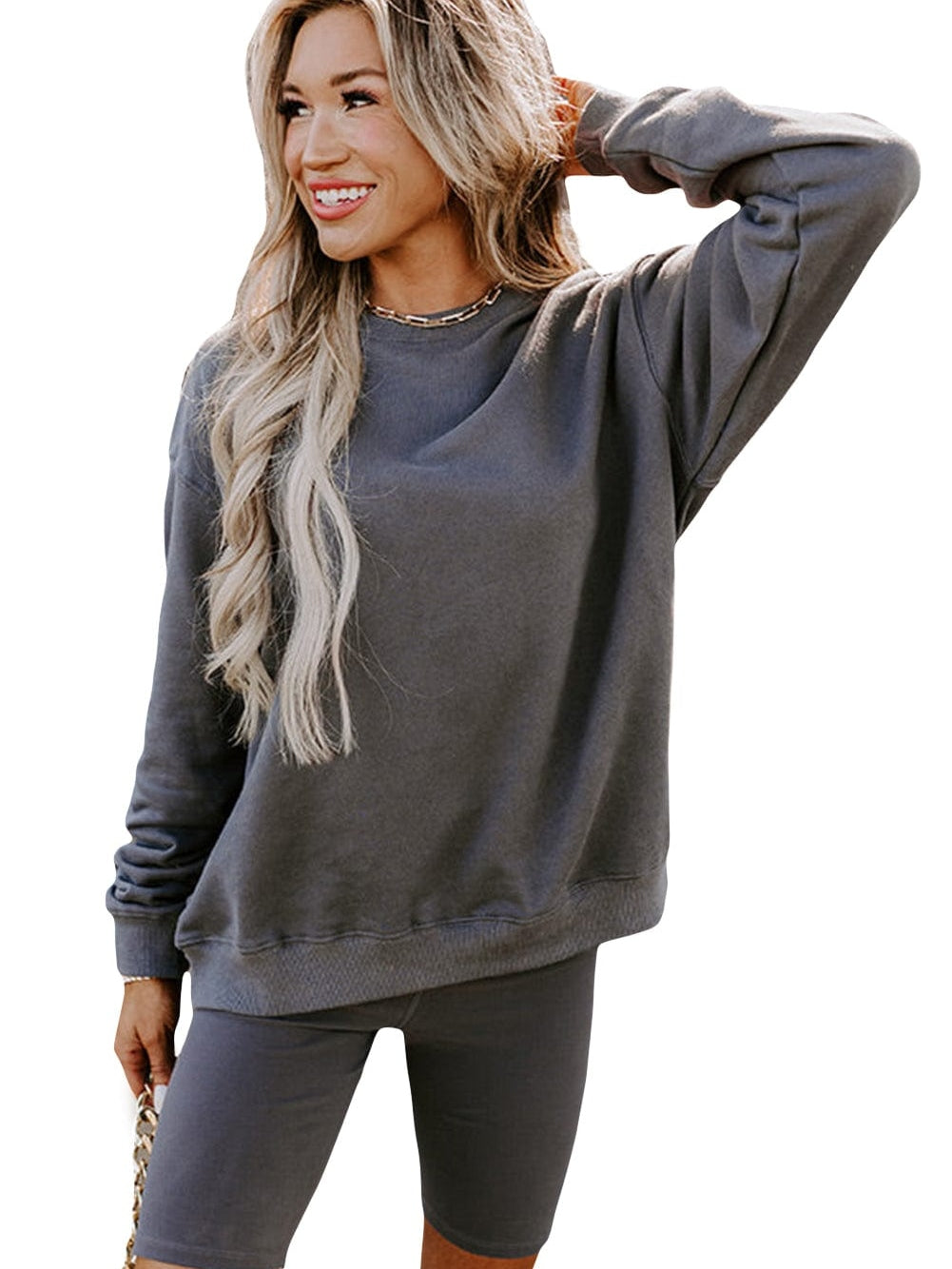 Dark Grey Casual Two Piece Set with Long Sleeve Sweatshirt and High Waist Shorts