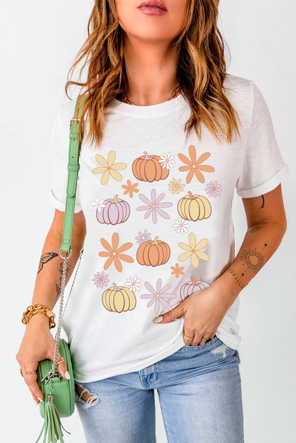 White Floral Pumpkin Graphic Crewneck Halloween T Shirt