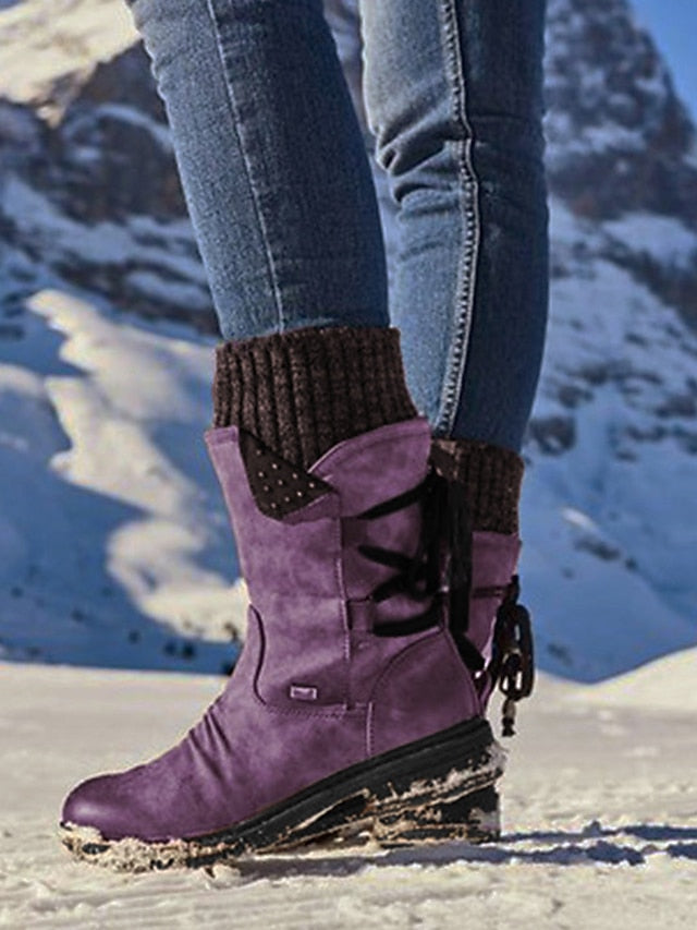 Women's Boots Snow Boots Outdoor Daily Mid Calf Boots Winter Lace-up Flat Heel Round Toe Casual Faux Leather Zipper Blue Purple Khaki - LuckyFash™