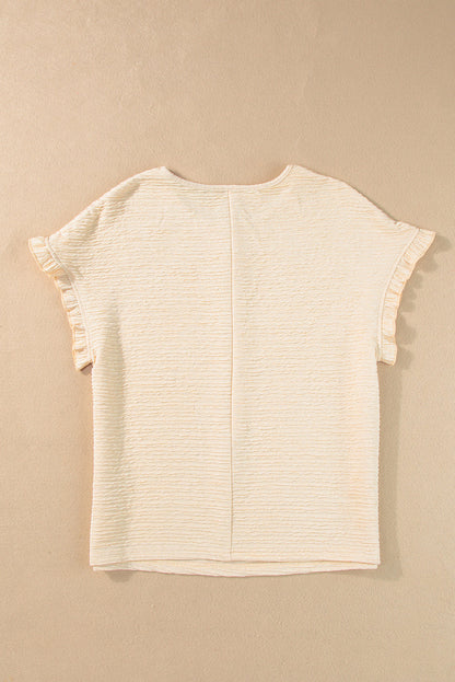 Apricot Solid Textured Ruffled Short Sleeve Blouse