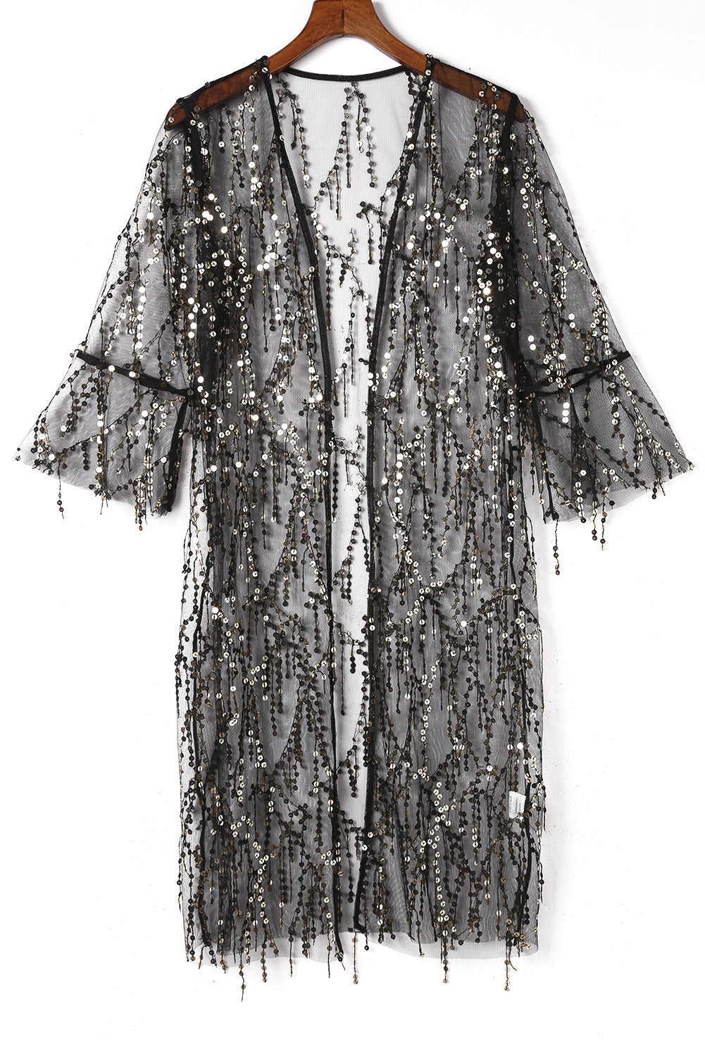 Black Sequin Sheer Long Sleeve Open Front Kimono