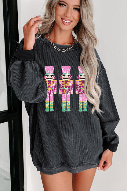 Black Christmas Sequined Nutcrackers Mineral Wash Corded Sweatshirt