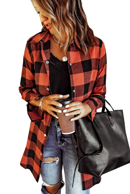 Fiery Red Turn-down Collar Plaid Shirt Coat