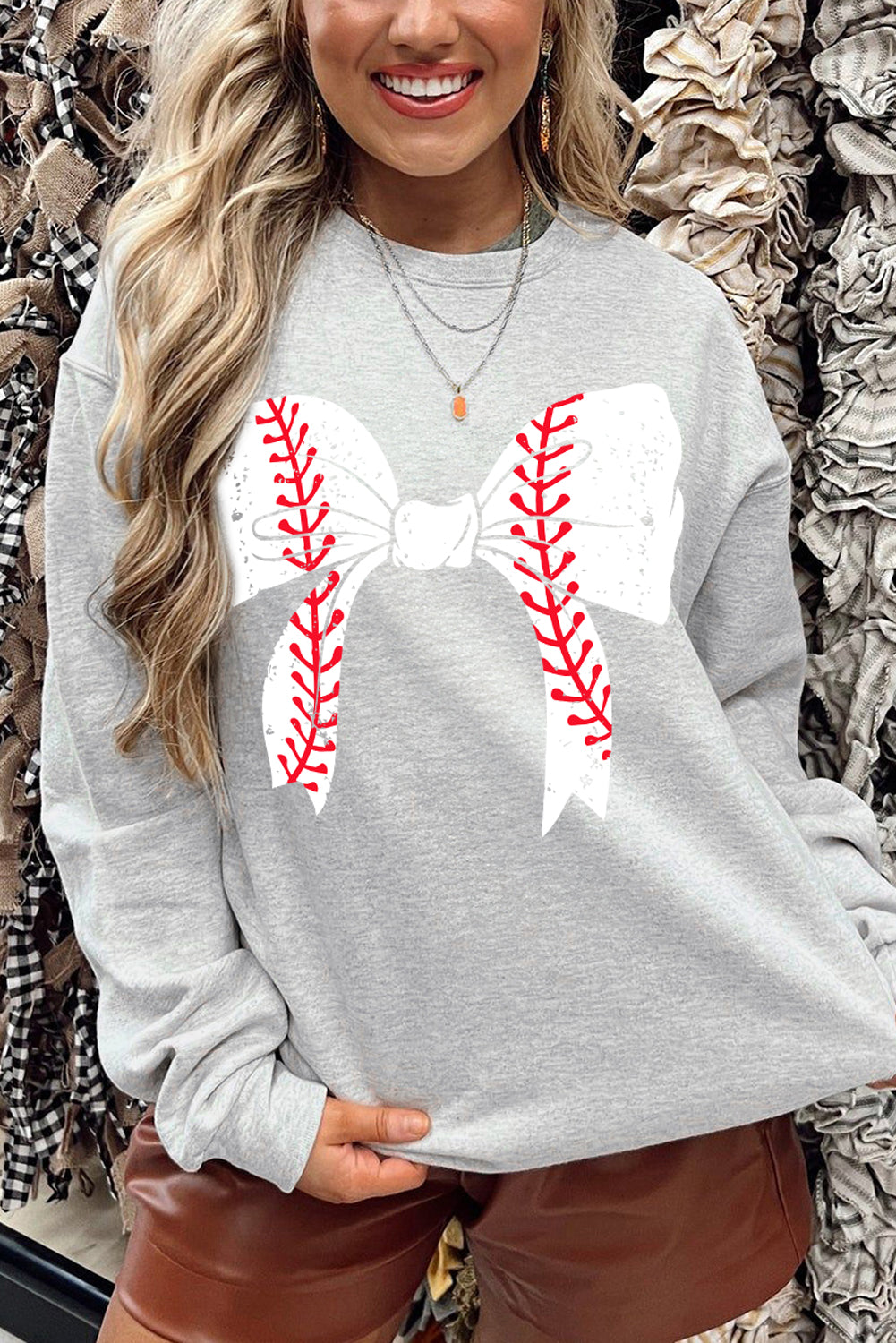 Gray Rugby Football Bowknot Graphic Game Day O Neck Sweatshirt