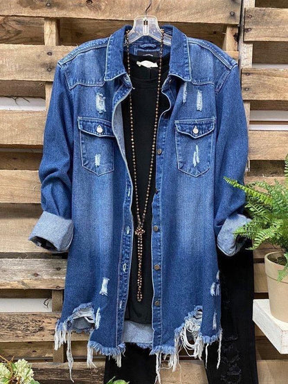 Deep Blue Denim Casual Plain Shirt Collar Outerwear for Women