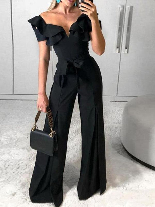 Deep V-Neck Belted Wide-Leg Jumpsuit for Women