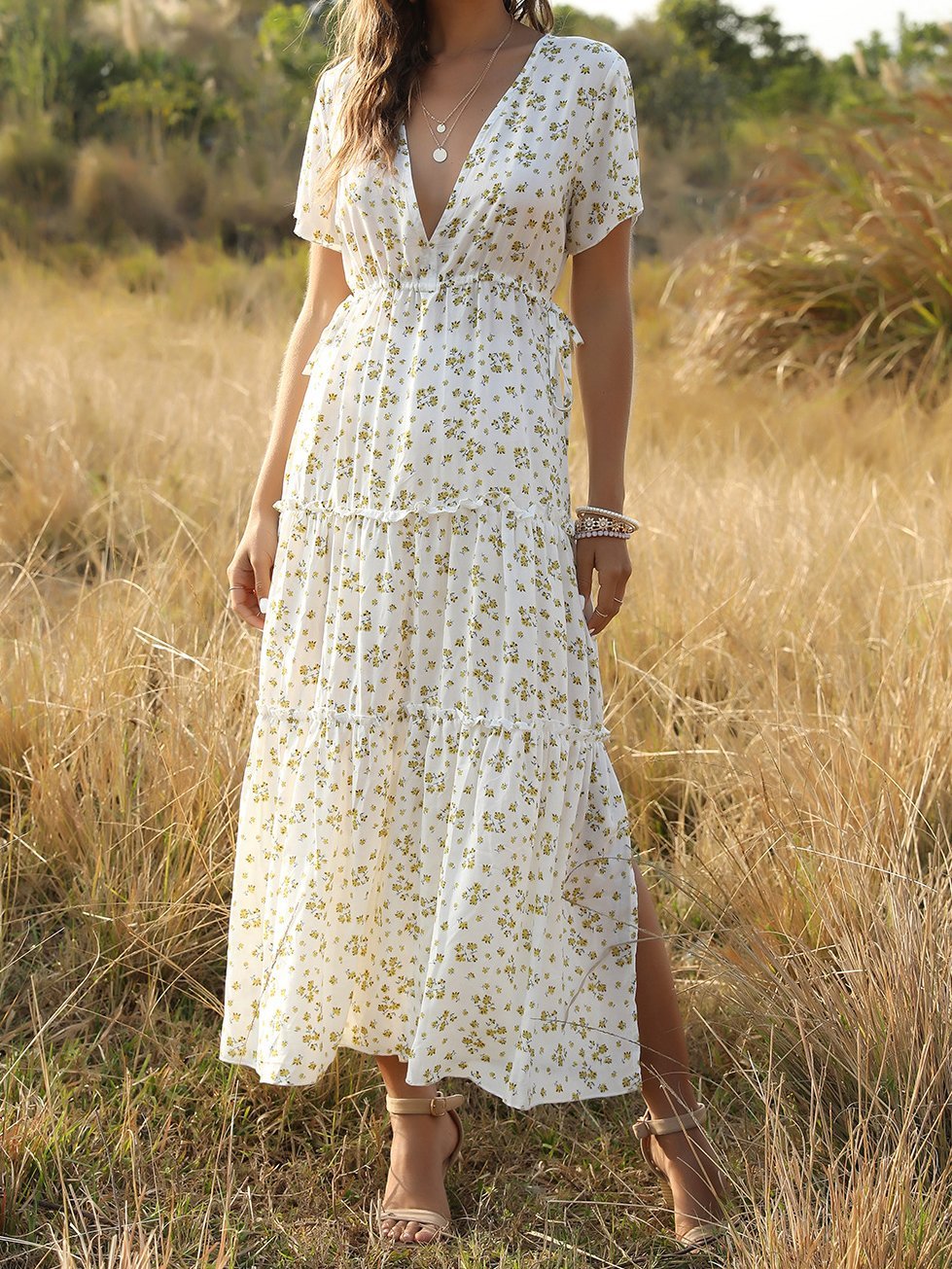 Deep V-Neck Bohemian Dress With Ruffled Floral - LuckyFash™