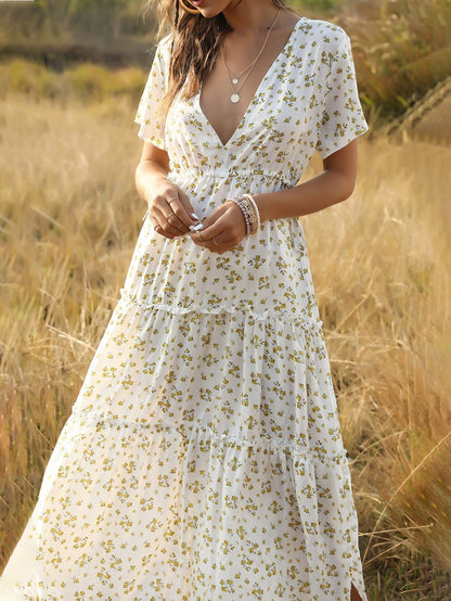 Deep V-Neck Bohemian Dress With Ruffled Floral - LuckyFash™