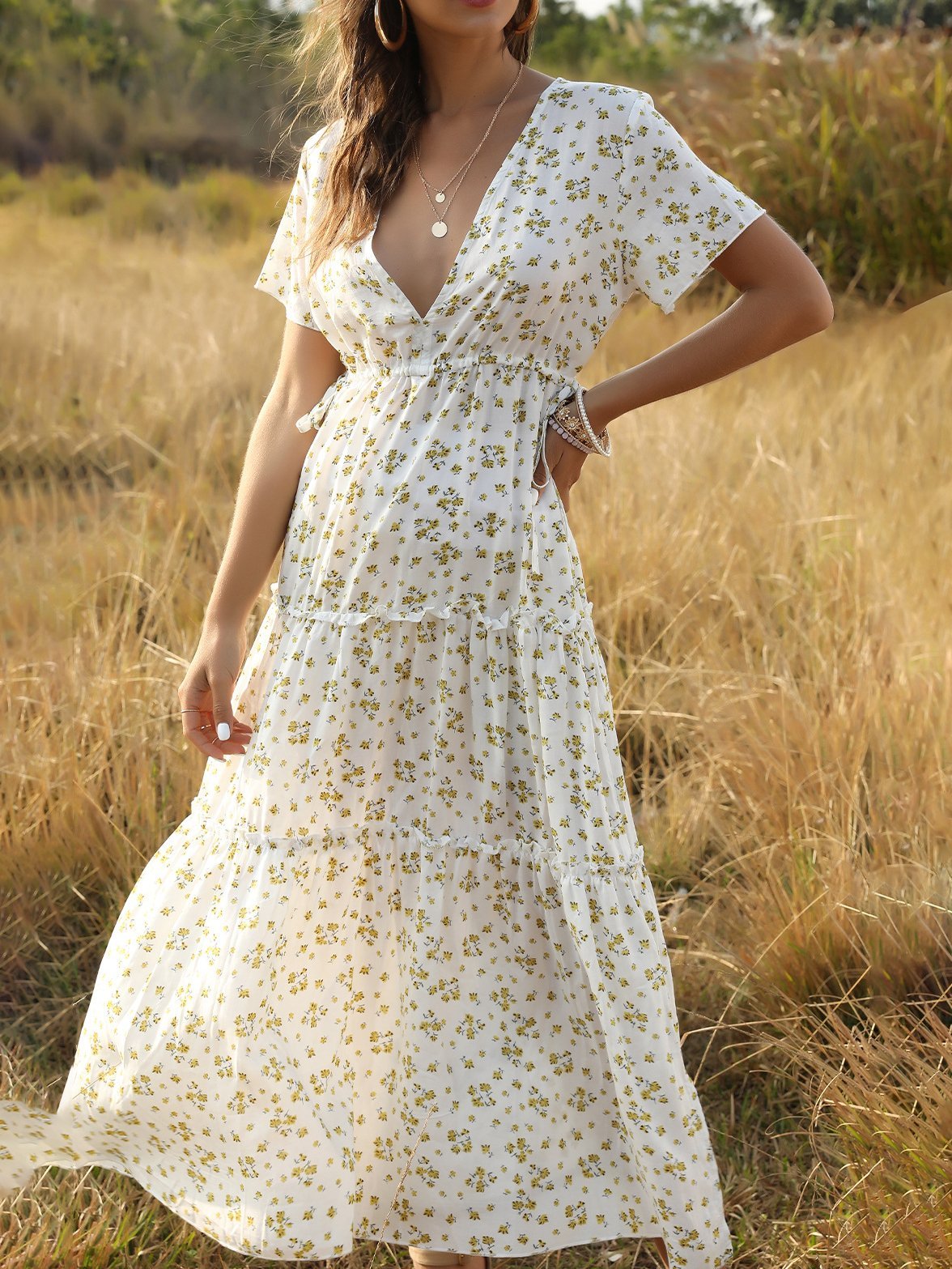 Deep V-Neck Bohemian Dress With Ruffled Floral - LuckyFash™