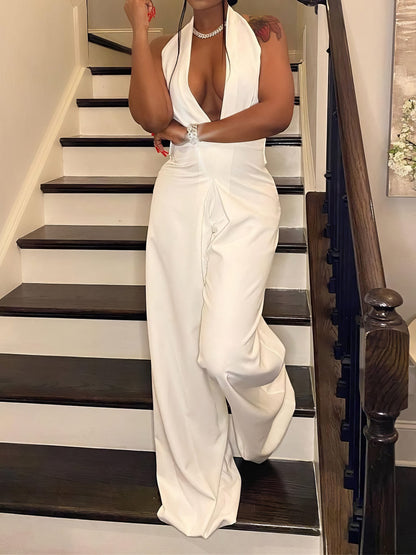 Deep V-Neck Halter Bare Back Jumpsuit