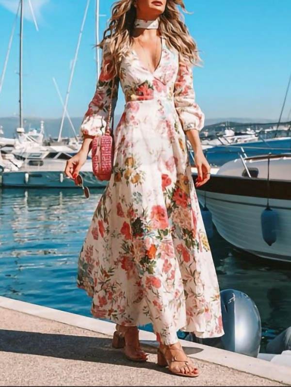 Deep V Neck Long Sleeve Printed Dress for Women