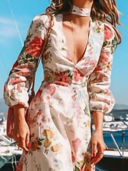 Deep V Neck Long Sleeve Printed Dress - LuckyFash™