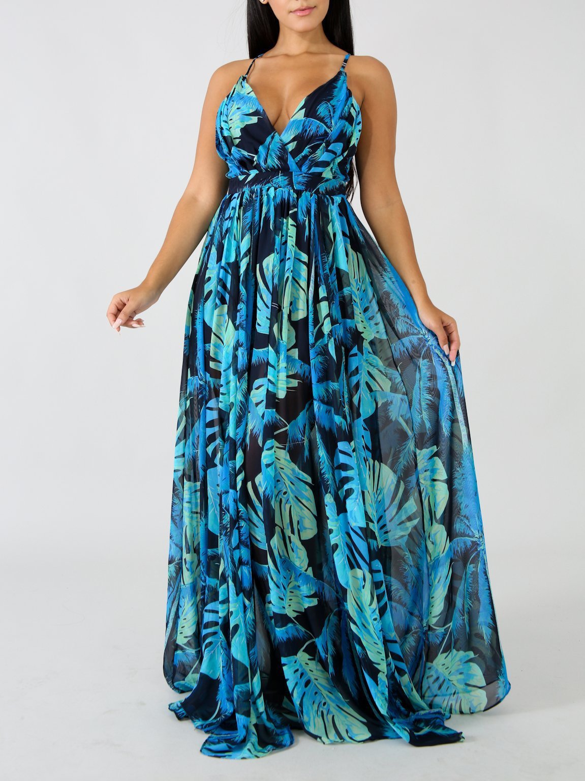 Deep V-neck Open Back Print Chiffon Dress - LuckyFash™