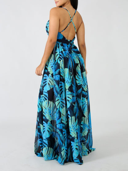 Deep V-neck Open Back Print Chiffon Dress - LuckyFash™