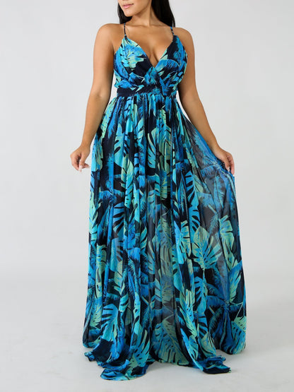 Deep V-neck Open Back Print Chiffon Dress - LuckyFash™