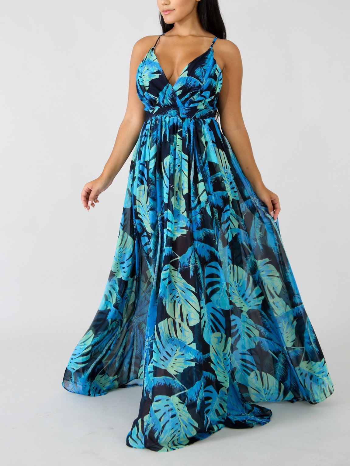 Deep V-neck Open Back Print Chiffon Dress - LuckyFash™