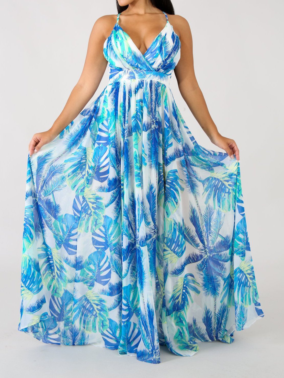 Deep V-neck Open Back Print Chiffon Dress - LuckyFash™