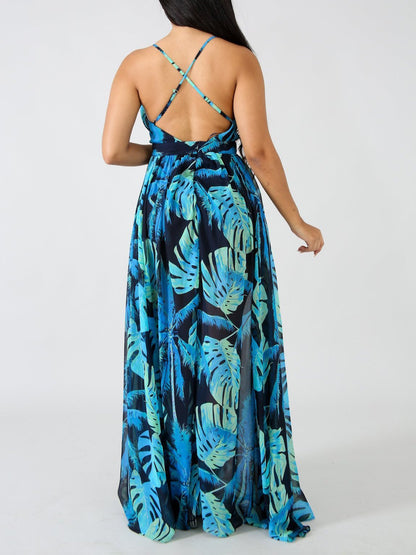 Deep V-neck Open Back Print Chiffon Dress - LuckyFash™