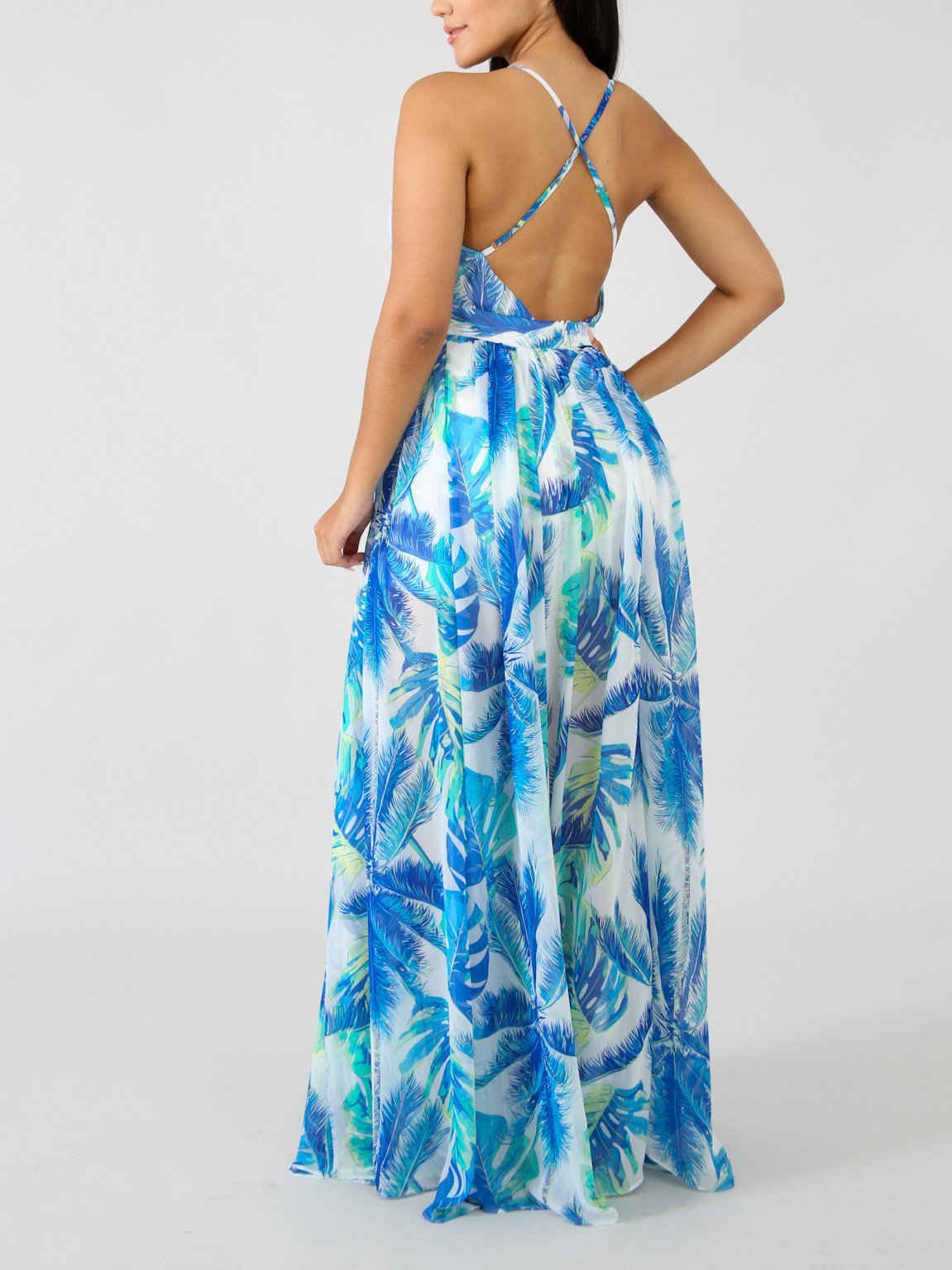 Deep V-neck Open Back Print Chiffon Dress - LuckyFash™