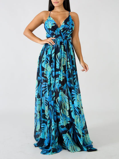 Deep V-neck Open Back Print Chiffon Dress - LuckyFash™