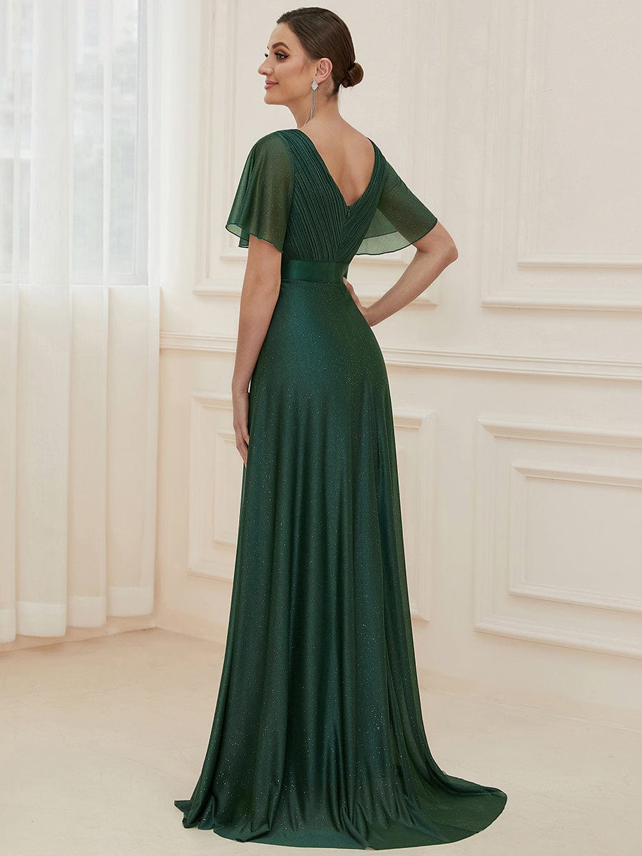 Deep V Neck Ruffles Sleeve A Line Wholesale Evening Dresses