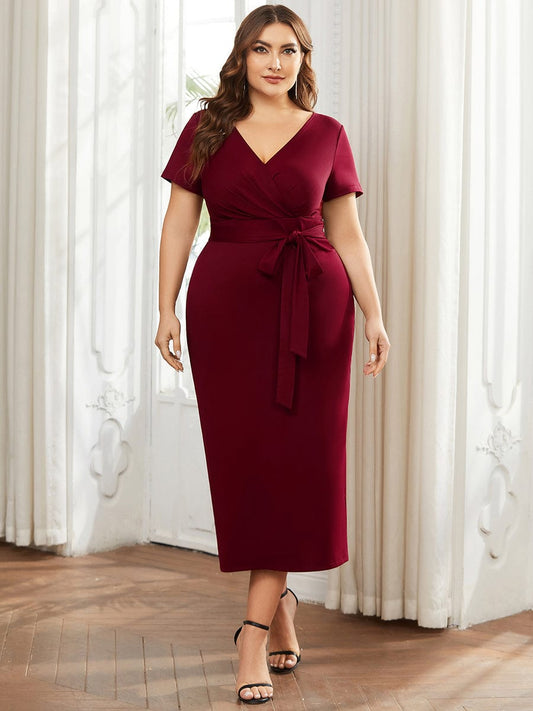 Deep V Neck Short Sleeve Cocktail Dress with Belt for Plus Sizes