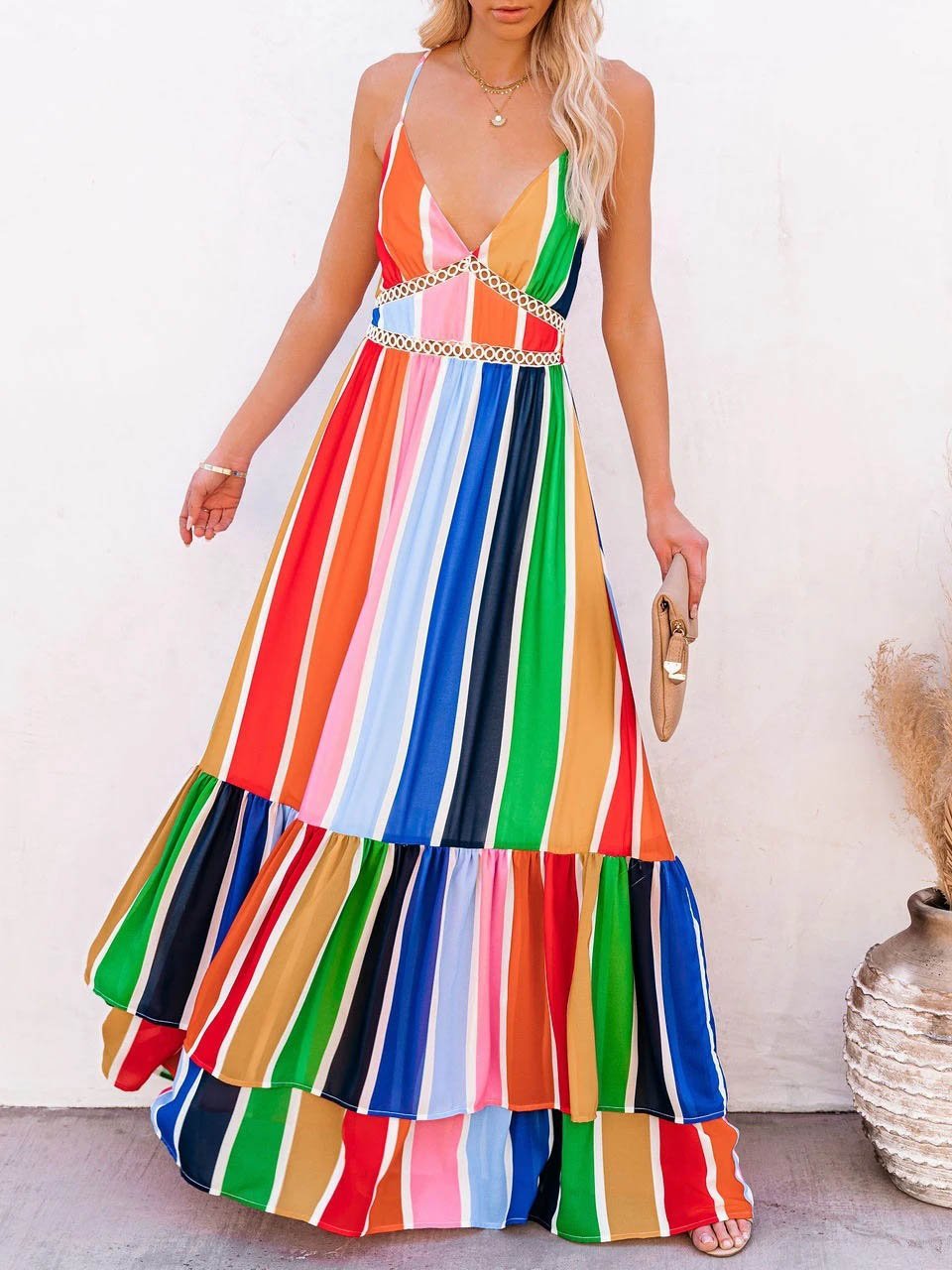 Deep V Sleeveless Rainbow Stripe Long Dress for Women