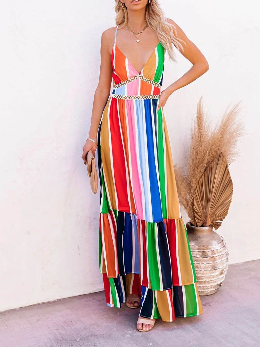 Deep V Sleeveless Rainbow Stripe Long Dress - LuckyFash™