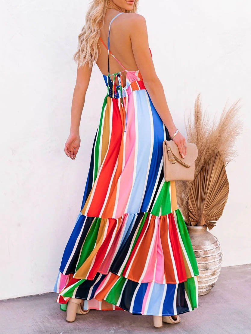 Deep V Sleeveless Rainbow Stripe Long Dress - LuckyFash™