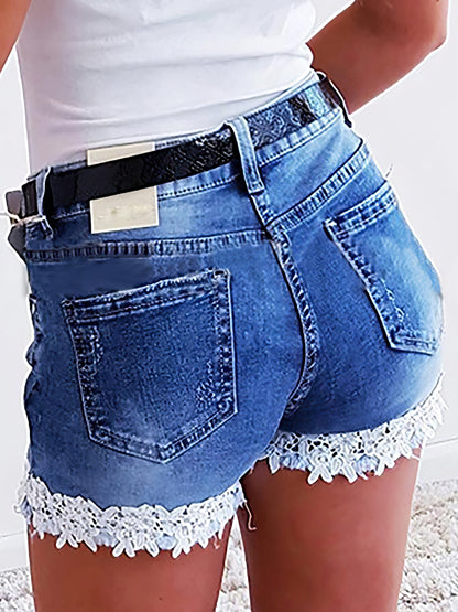 MsDressly Denim Shorts Crochet Lace Pockets Denim Shorts