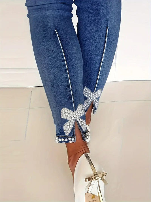 Denim Skinny Jeans with Pearl Embellishments