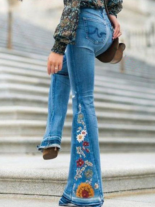 Women‘s Flare Jeans Bell Bottom Pants Trousers Full Length Denim Embroidered Pocket Micro-elastic High Waist Fashion Streetwear Street Daily Black Blue S M Summer Fall