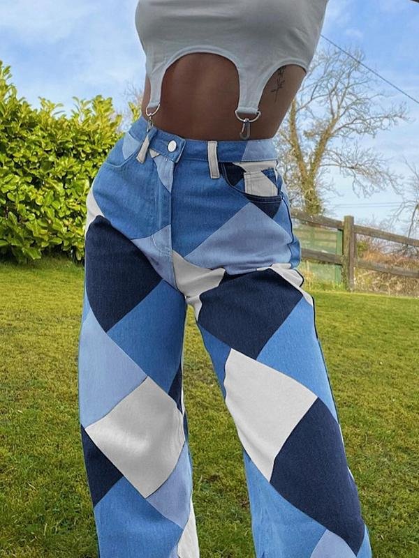 Diamond Check Print Contrast High-waisted Straight-leg Jeans - LuckyFash™