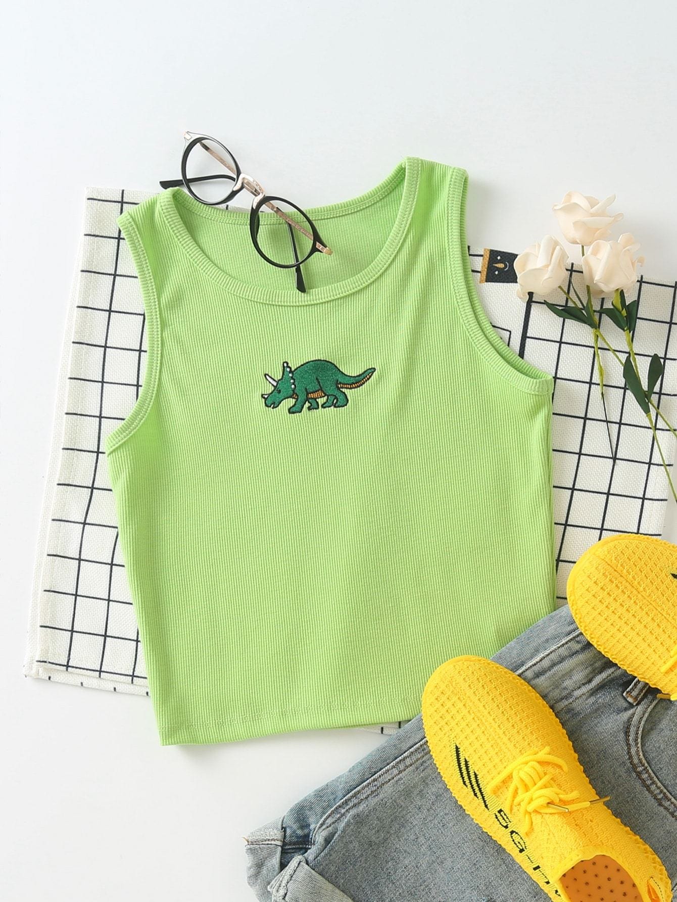 Dinosaur Embroidery Rib-knit Tank Top