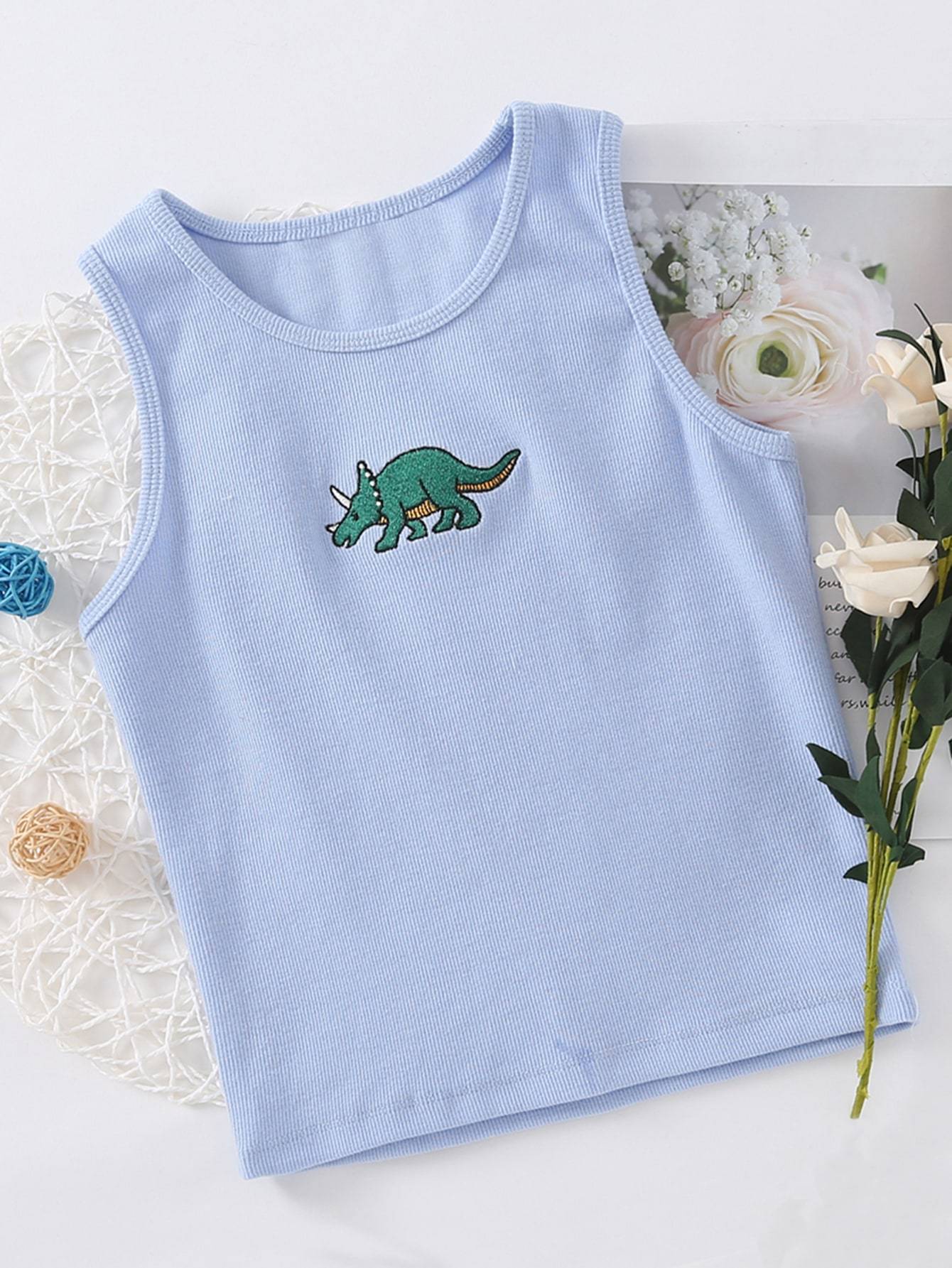 Dinosaur Embroidery Rib-knit Tank Top