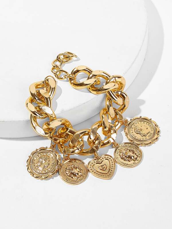 Women's Golden Disc Charm Chain Bracelet - Elegant Alloy Link Style