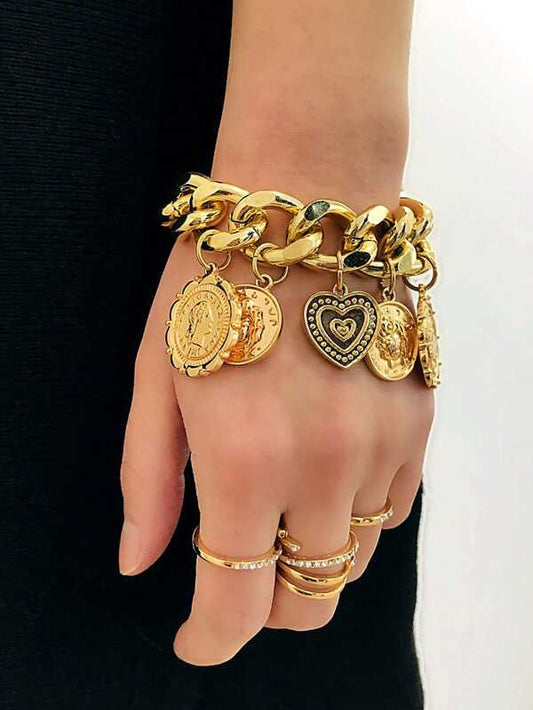 Women's Golden Disc Charm Chain Bracelet - Elegant Alloy Link Style