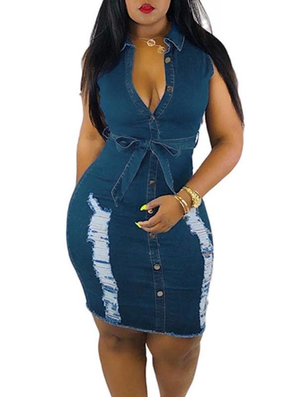 Distressed Denim Button Sleeveless Frayed Mini Dress With Belt - LuckyFash™